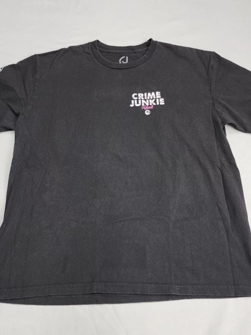 Crime Junkie Podcast Shirt Mens XL Black Graphic Tee Double Sided Sleeve Print